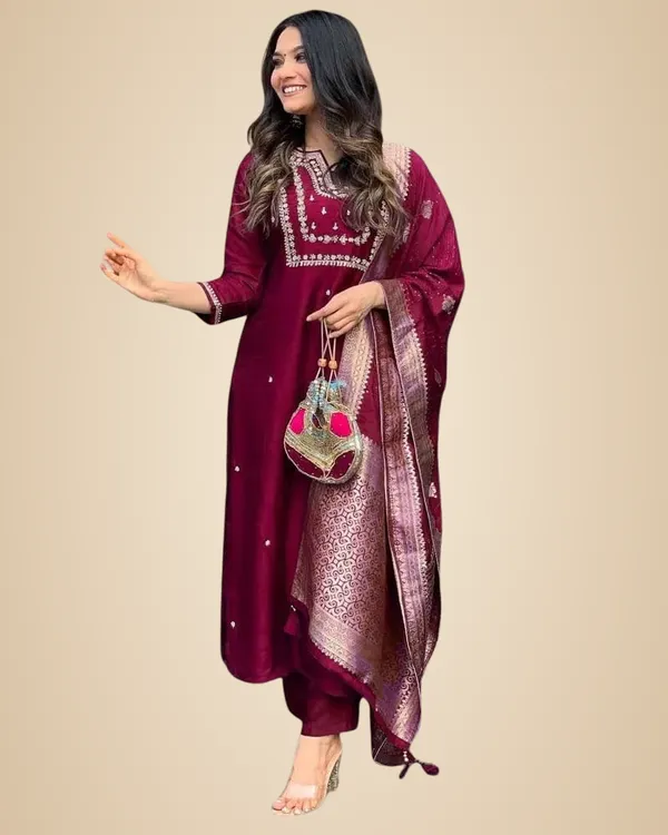 Maroon_Viscose_Silk_Heavy_Embroidered_Straight_Kurta_With_Trouser_&_Banarasi_Jacquard_Dupatta_Set_For_Women