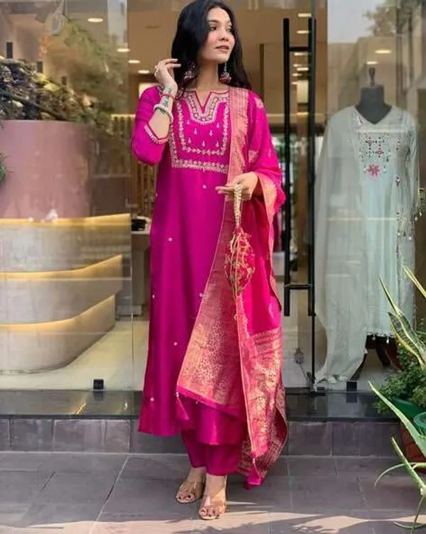 Pink_Viscose_Silk_Heavy_Embroidered_Straight_Kurta_With_Trouser_&_Banarasi_Jacquard_Dupatta_Set_For_Women