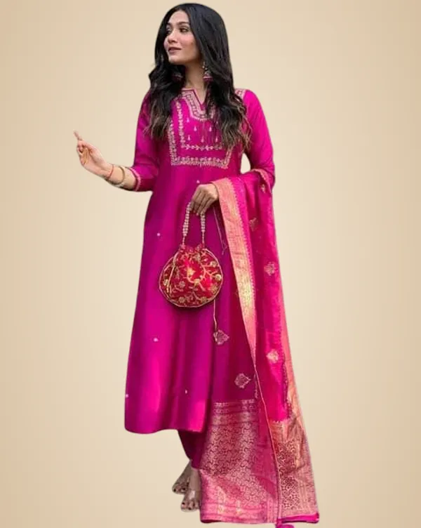Pink_Viscose_Silk_Heavy_Embroidered_Straight_Kurta_With_Trouser_&_Banarasi_Jacquard_Dupatta_Set_For_Women