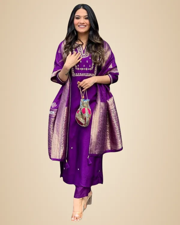 Purple_Viscose_Silk_Heavy_Embroidered_Straight_Kurta_With_Trouser_&_Banarasi_Jacquard_Dupatta_Set_For_Women