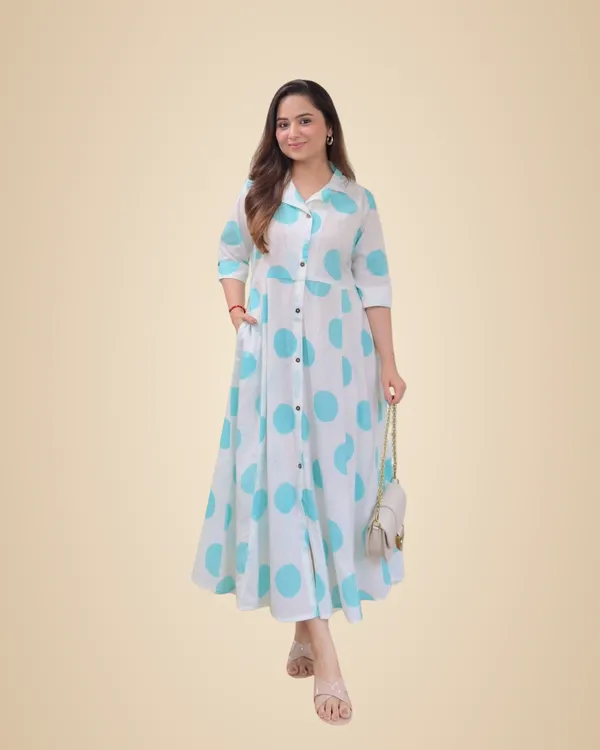 Blue_Cotton_Floral_Printed_3/4_Quarter_Sleeve_A-Linen_Printed_Kurti_For_Women