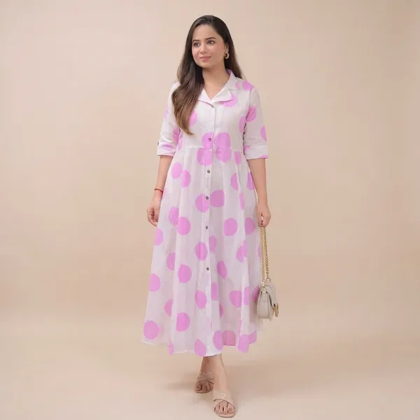 Pink_Cotton_Floral_Printed_3/4_Quarter_Sleeve_A-Linen_Printed_Kurti_For_Women