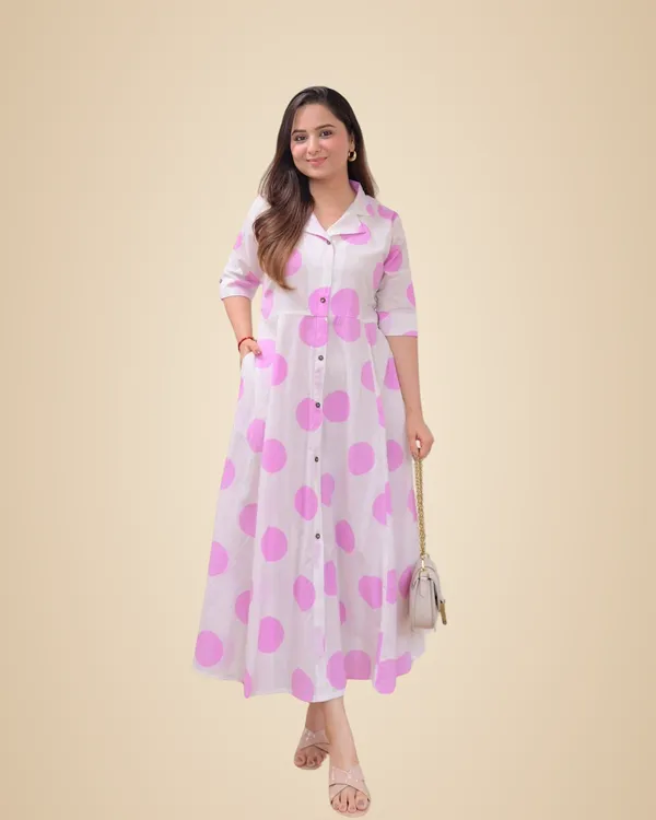Pink_Cotton_Floral_Printed_3/4_Quarter_Sleeve_A-Linen_Printed_Kurti_For_Women