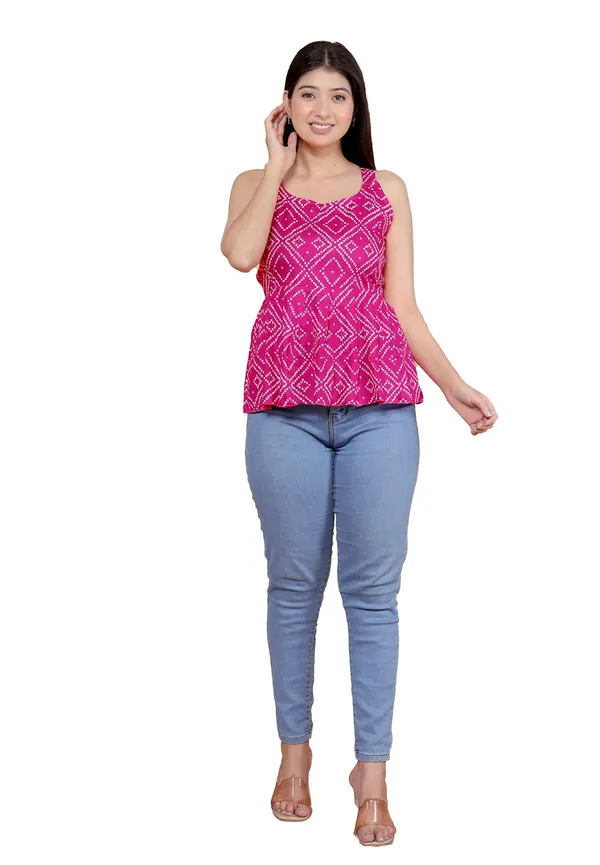 Pink_Cotton_Printed_Sleeveless_Short_Flared_Anarkali_Kurti_For_Women