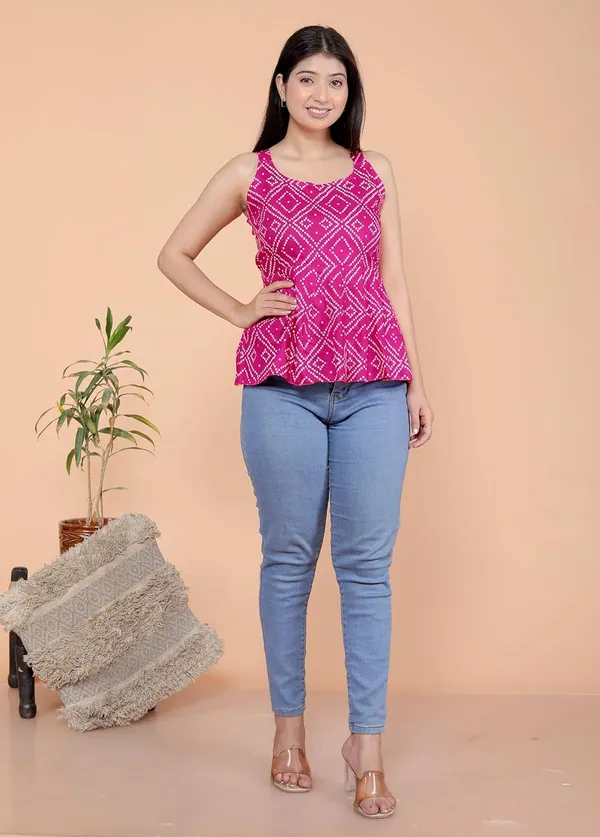 Pink_Cotton_Printed_Sleeveless_Short_Flared_Anarkali_Kurti_For_Women