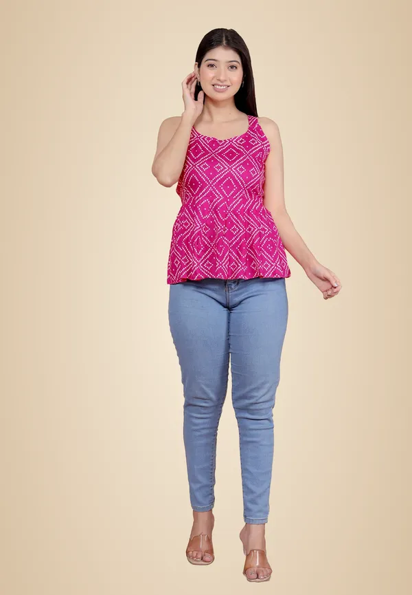Pink_Cotton_Printed_Sleeveless_Short_Flared_Anarkali_Kurti_For_Women