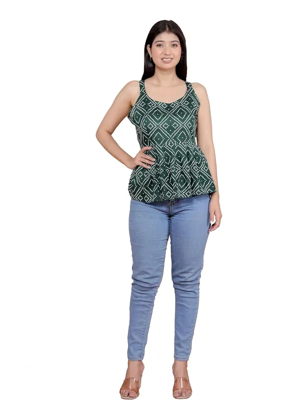 Green_Cotton_Printed_Sleeveless_Short_Flared_Anarkali_Kurti_For_Women