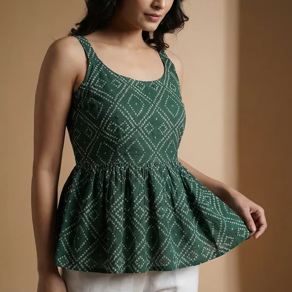 Green_Cotton_Printed_Sleeveless_Short_Flared_Anarkali_Kurti_For_Women