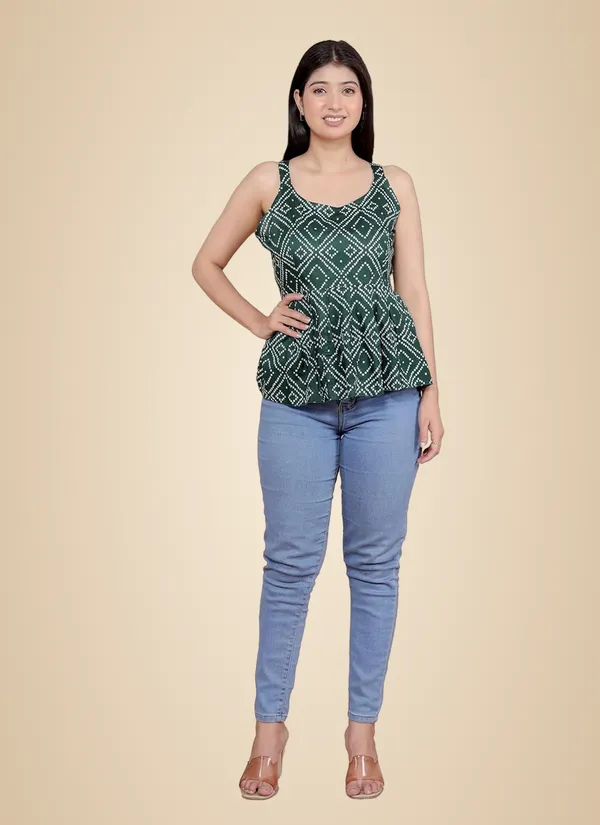 Green_Cotton_Printed_Sleeveless_Short_Flared_Anarkali_Kurti_For_Women