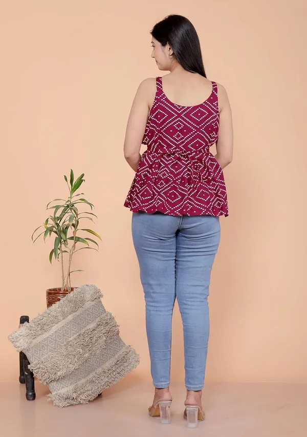 Maroon_Cotton_Printed_Sleeveless_Short_Flared_Anarkali_Kurti_For_Women