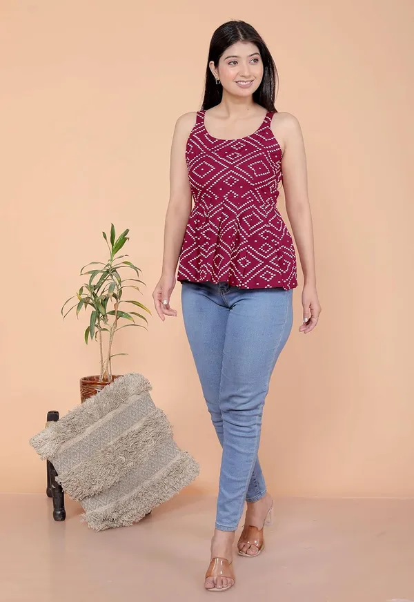 Maroon_Cotton_Printed_Sleeveless_Short_Flared_Anarkali_Kurti_For_Women