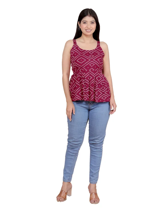 Maroon_Cotton_Printed_Sleeveless_Short_Flared_Anarkali_Kurti_For_Women