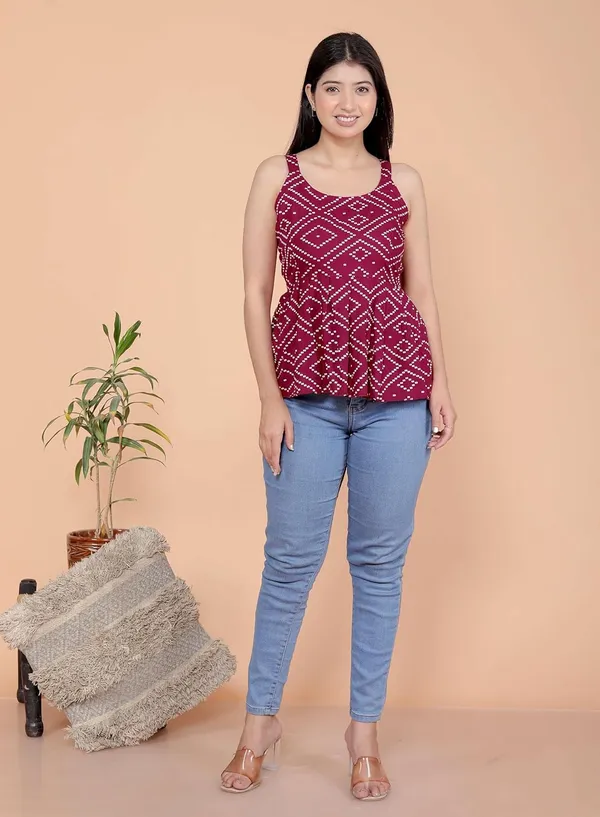 Maroon_Cotton_Printed_Sleeveless_Short_Flared_Anarkali_Kurti_For_Women
