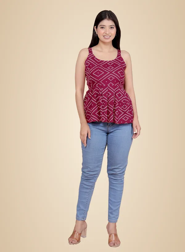 Maroon_Cotton_Printed_Sleeveless_Short_Flared_Anarkali_Kurti_For_Women