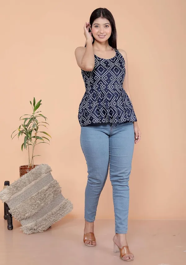 Navy_Blue_Cotton_Printed_Sleeveless_Short_Flared_Anarkali_Kurti_For_Women
