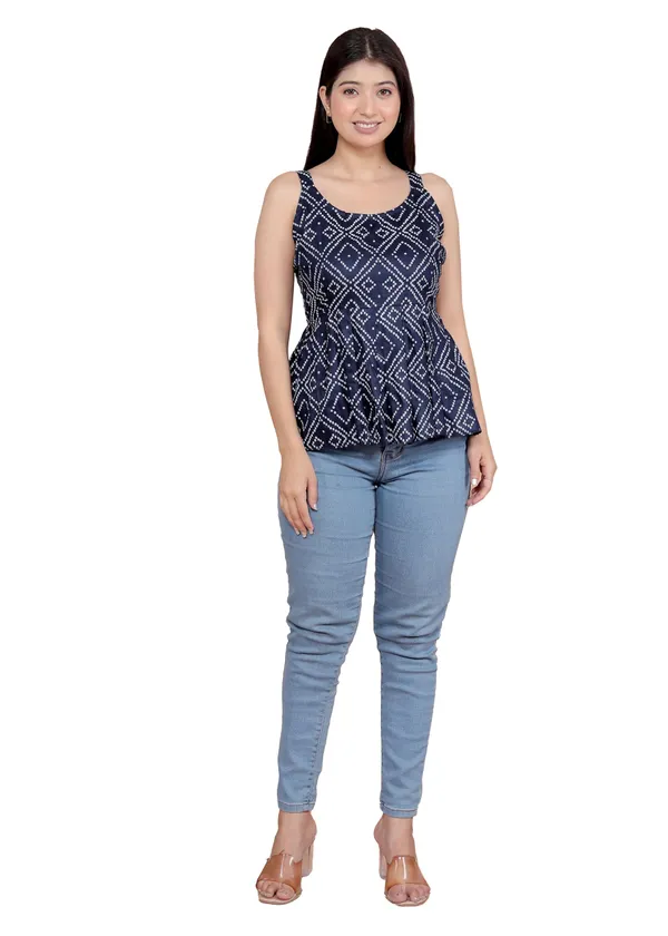 Navy_Blue_Cotton_Printed_Sleeveless_Short_Flared_Anarkali_Kurti_For_Women