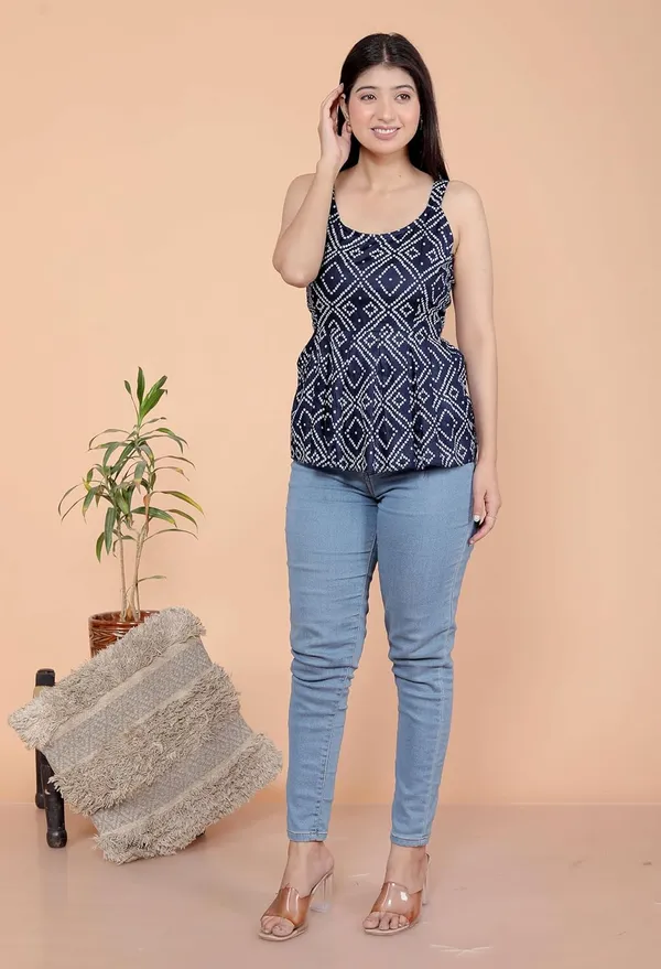 Navy_Blue_Cotton_Printed_Sleeveless_Short_Flared_Anarkali_Kurti_For_Women