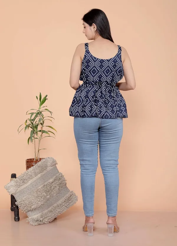 Navy_Blue_Cotton_Printed_Sleeveless_Short_Flared_Anarkali_Kurti_For_Women