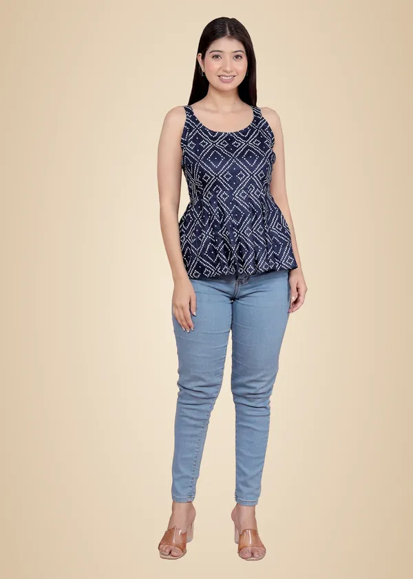 Navy_Blue_Cotton_Printed_Sleeveless_Short_Flared_Anarkali_Kurti_For_Women