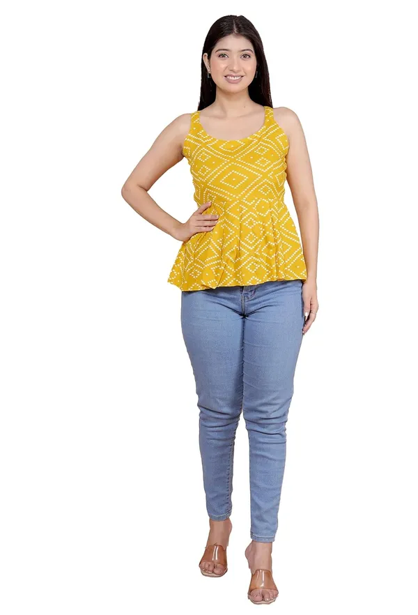 Yellow_Cotton_Printed_Sleeveless_Short_Flared_Anarkali_Kurti_For_Women