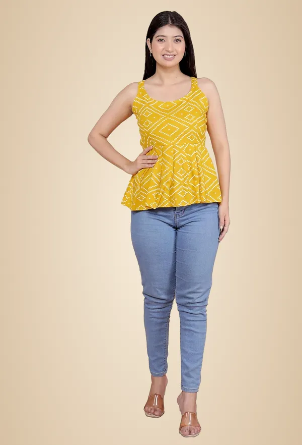 Yellow_Cotton_Printed_Sleeveless_Short_Flared_Anarkali_Kurti_For_Women