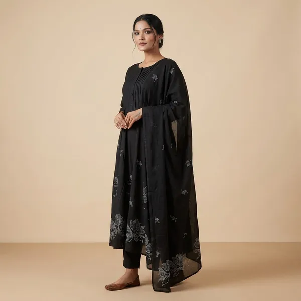 Black_Cotton_Embroidery_Floral_Printed_Long_Straight_Kurti_With_Pant_And_Dupatta_Set_For_Women