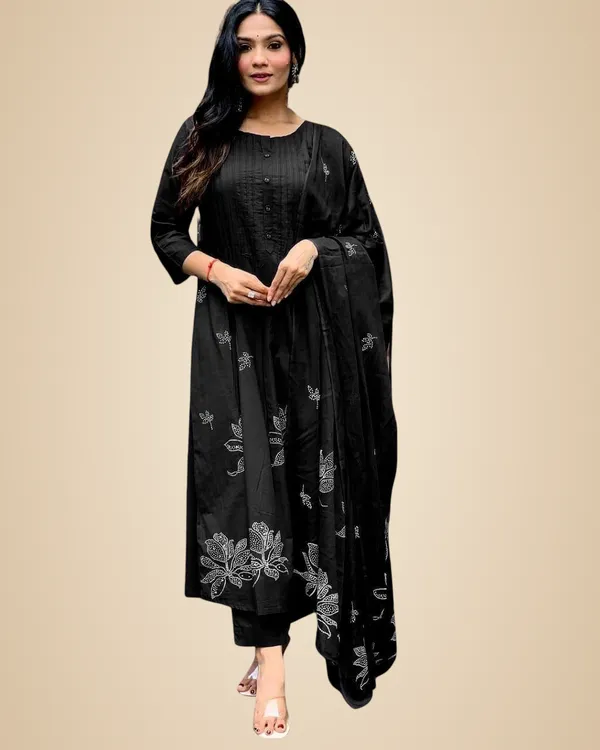 Black_Cotton_Embroidery_Floral_Printed_Long_Straight_Kurti_With_Pant_And_Dupatta_Set_For_Women
