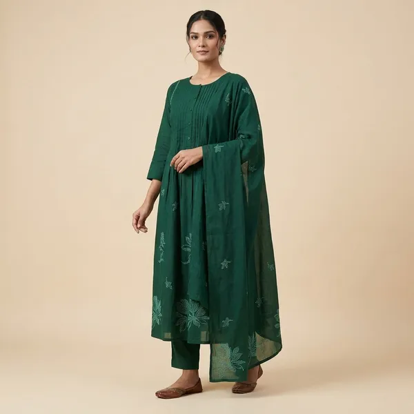 Green_Cotton_Embroidery_Floral_Printed_Long_Straight_Kurti_With_Pant_And_Dupatta_Set_For_Women