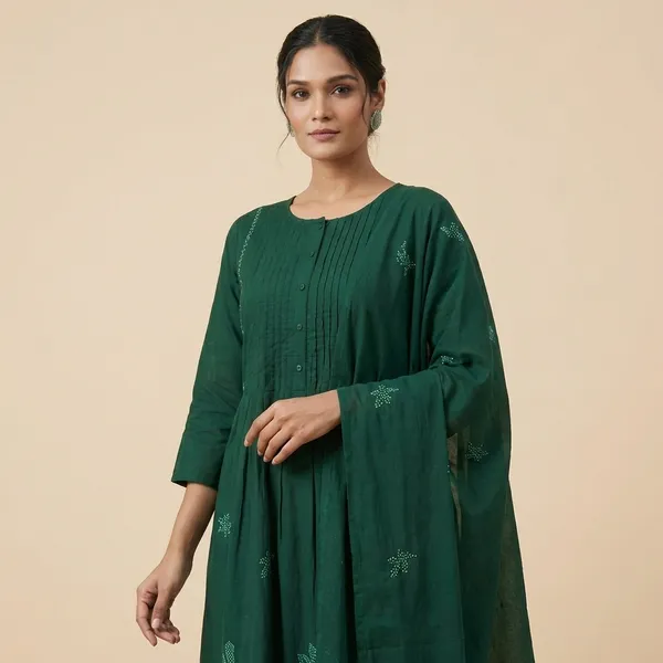 Green_Cotton_Embroidery_Floral_Printed_Long_Straight_Kurti_With_Pant_And_Dupatta_Set_For_Women
