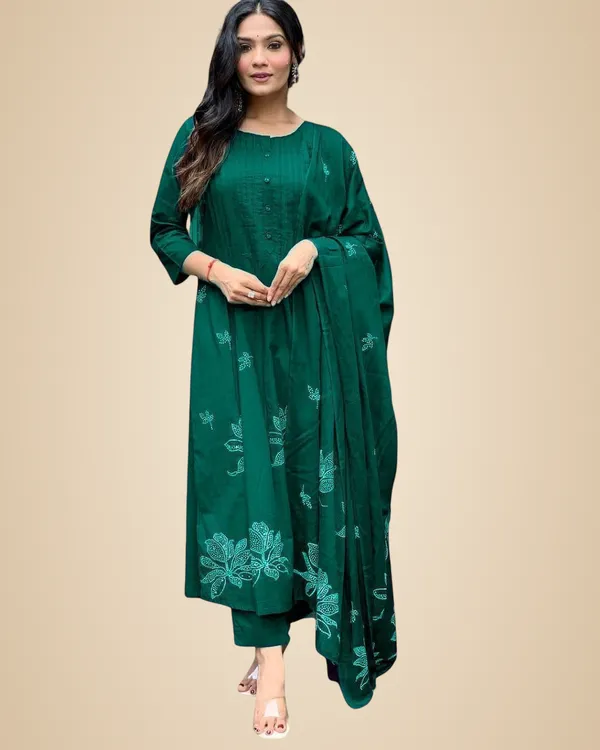 Green_Cotton_Embroidery_Floral_Printed_Long_Straight_Kurti_With_Pant_And_Dupatta_Set_For_Women