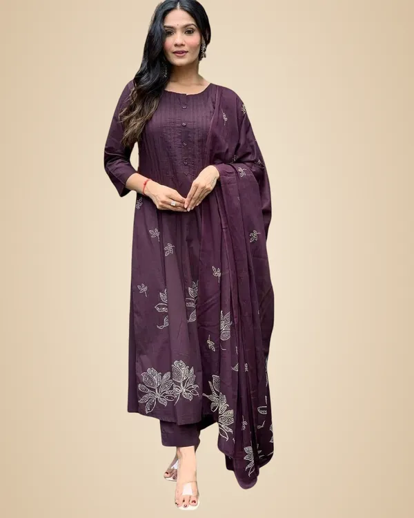 Wine_Cotton_Embroidery_Floral_Printed_Long_Straight_Kurti_With_Pant_And_Dupatta_Set_For_Women