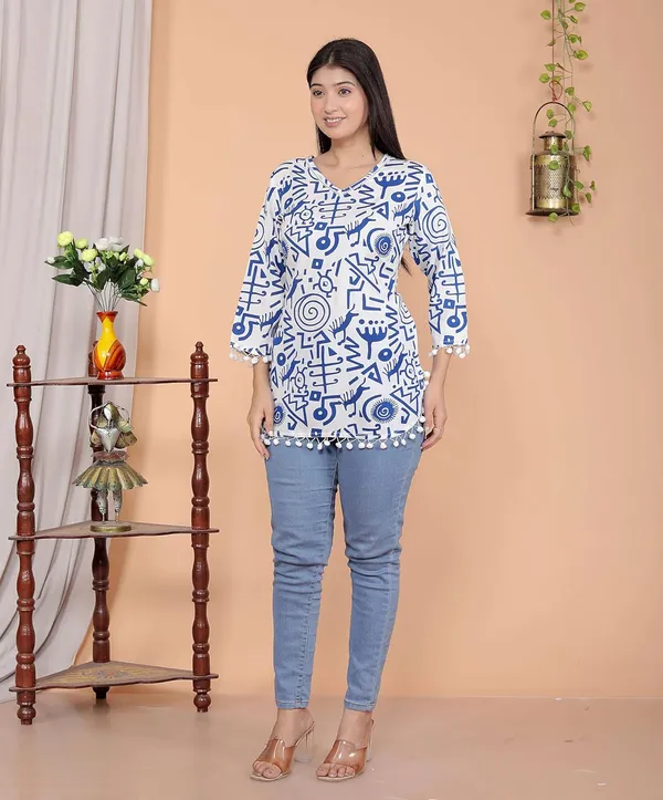 White_And_Blue_Geometric_Printed_Straight_3/4Th_Sleeves_Kurti_Perfect_For_Casual,_Formal,_And_Ethnic_Wear_For_Women