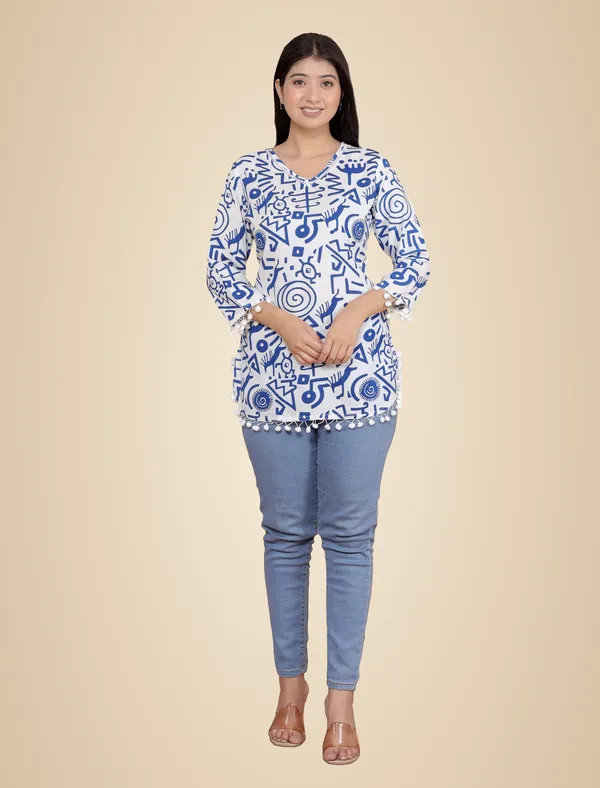 White_And_Blue_Geometric_Printed_Straight_3/4Th_Sleeves_Kurti_Perfect_For_Casual,_Formal,_And_Ethnic_Wear_For_Women