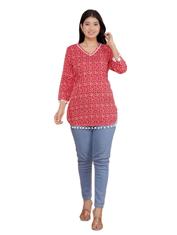 Red_Printed_Straight_3/4Th_Sleeves_Kurti_Perfect_For_Casual,_Formal,_And_Ethnic_Wear_For_Women