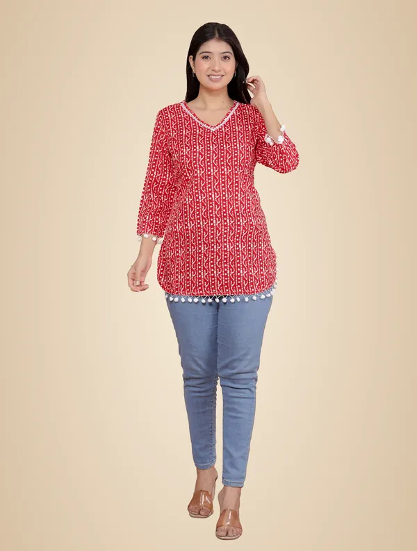 Red_Printed_Straight_3/4Th_Sleeves_Kurti_Perfect_For_Casual,_Formal,_And_Ethnic_Wear_For_Women