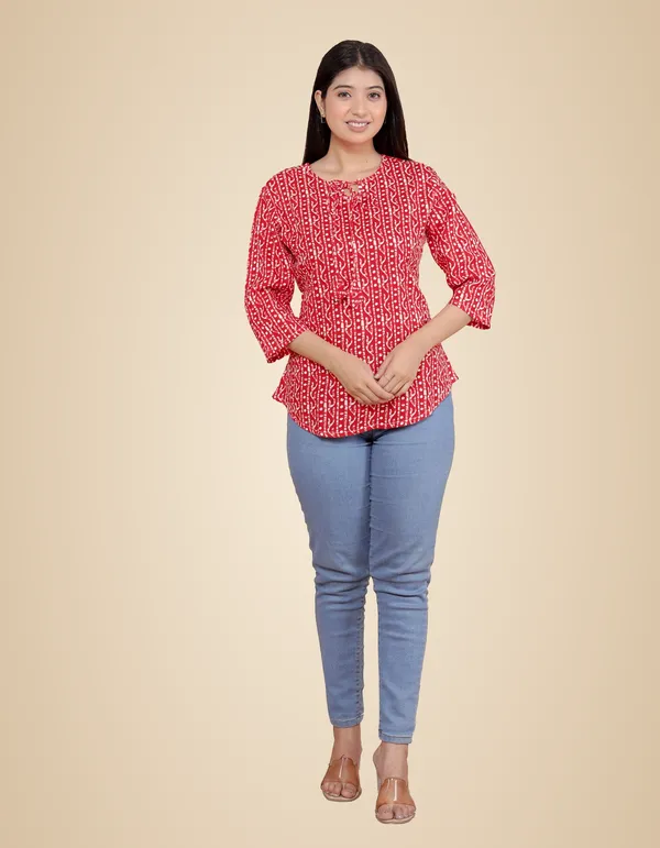 Red_Printed_Straight_Round_Neck_With_Tassels_3/4Th_Sleeves_Kurti_Perfect_For_Casual,_Formal,_And_Ethnic_Wear_For_Women