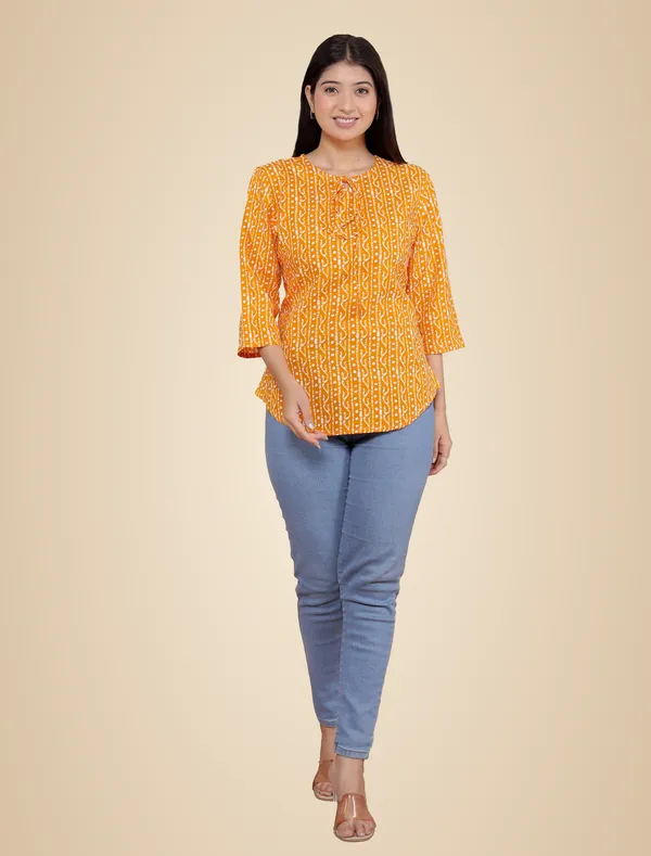 Yellow_Printed_Straight_Round_Neck_With_Tassels_3/4Th_Sleeves_Kurti_Perfect_For_Casual,_Formal,_And_Ethnic_Wear_For_Women