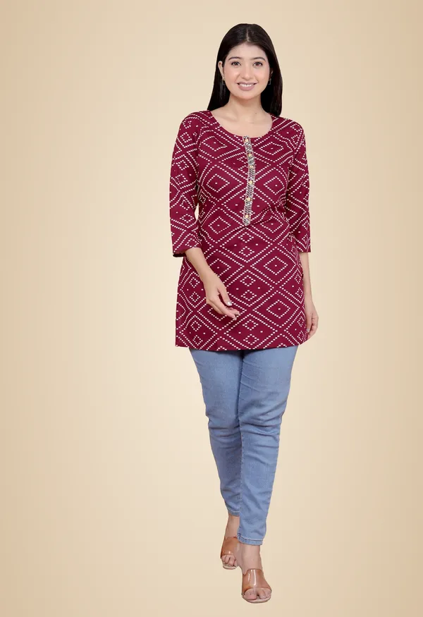 Maroon_Leaf_Printed_Straight_3/4Th_Sleeves_Kurti_Perfect_For_Casual,_Formal,_And_Ethnic_Wear_For_Women