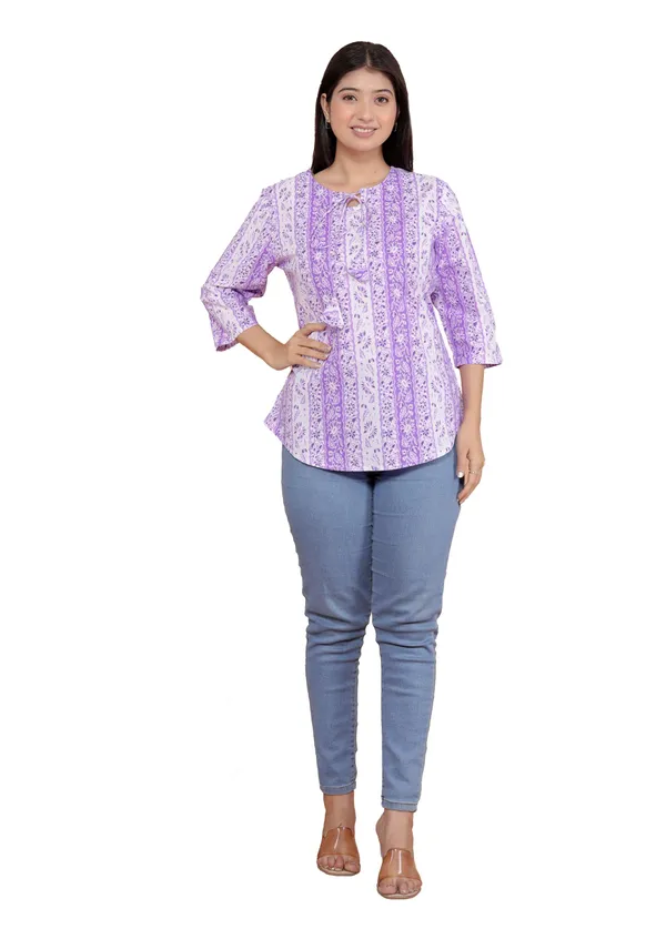 Purple_Leaf_Printed_Straight_Round_Neck_With_Tassels_3/4Th_Sleeves_Kurti_Perfect_For_Casual,_Formal,_And_Ethnic_Wear_For_Women