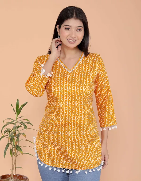 Purple_Leaf_Printed_Straight_Round_Neck_With_Tassels_3/4Th_Sleeves_Kurti_Perfect_For_Casual,_Formal,_And_Ethnic_Wear_For_Women