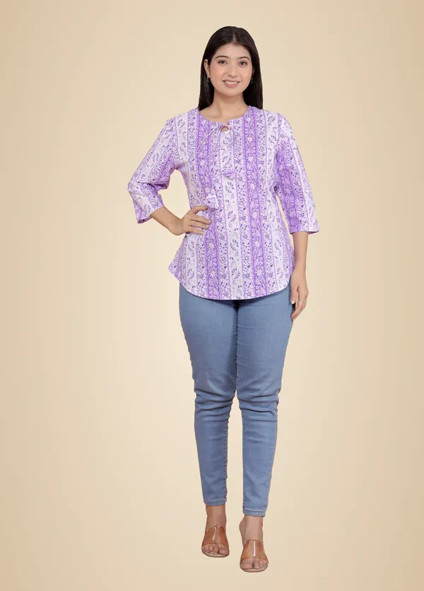 Purple_Leaf_Printed_Straight_Round_Neck_With_Tassels_3/4Th_Sleeves_Kurti_Perfect_For_Casual,_Formal,_And_Ethnic_Wear_For_Women