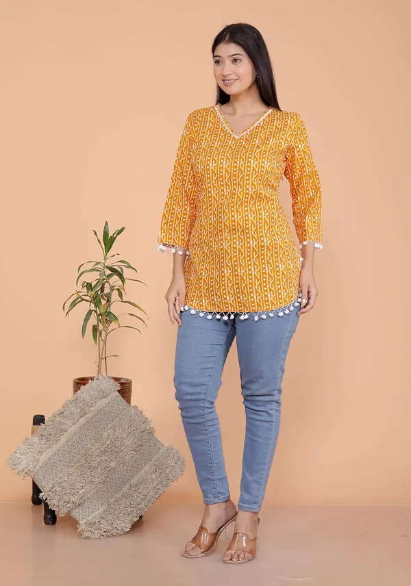 Yellow_Leaf_Printed_Straight_3/4Th_Sleeves_Kurti_Perfect_For_Casual,_Formal,_And_Ethnic_Wear_For_Women