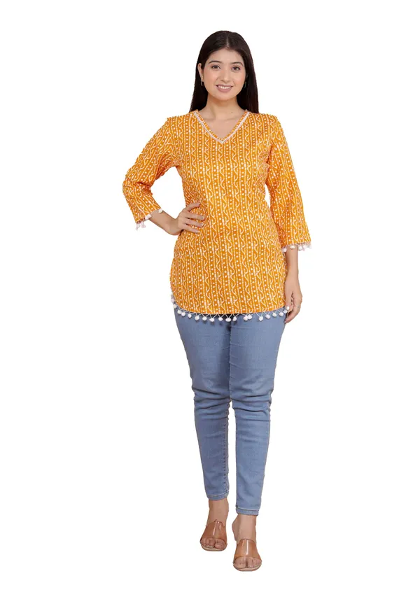 Yellow_Leaf_Printed_Straight_3/4Th_Sleeves_Kurti_Perfect_For_Casual,_Formal,_And_Ethnic_Wear_For_Women