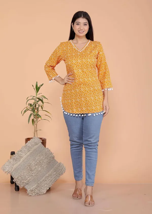 Yellow_Leaf_Printed_Straight_3/4Th_Sleeves_Kurti_Perfect_For_Casual,_Formal,_And_Ethnic_Wear_For_Women