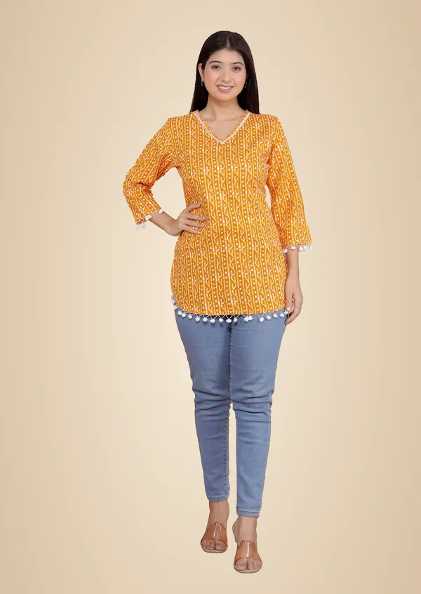 Yellow_Leaf_Printed_Straight_3/4Th_Sleeves_Kurti_Perfect_For_Casual,_Formal,_And_Ethnic_Wear_For_Women