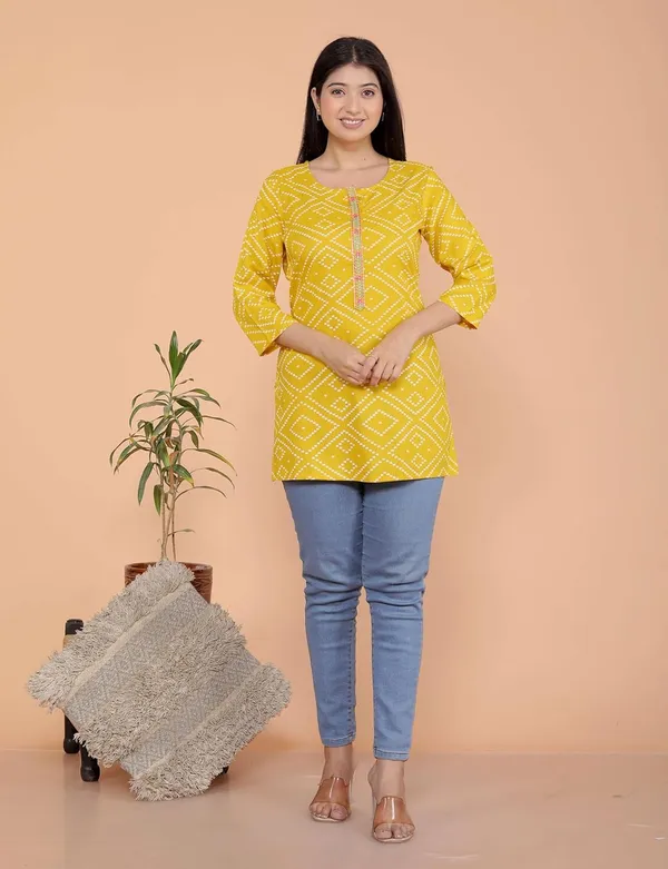 Yellow_Bandhej_Printed_Straight_3/4Th_Sleeves_Kurti_Perfect_For_Casual,_Formal,_And_Ethnic_Wear_For_Women