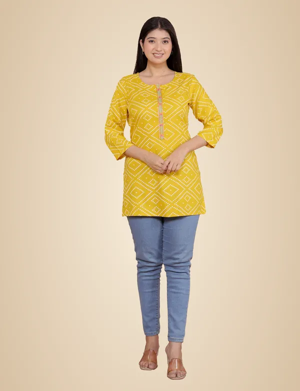 Yellow_Bandhej_Printed_Straight_3/4Th_Sleeves_Kurti_Perfect_For_Casual,_Formal,_And_Ethnic_Wear_For_Women