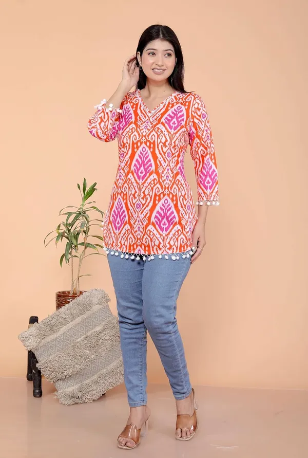 Orange_Printed_Straight_3/4Th_Sleeves_Kurti_Perfect_For_Casual,_Formal,_And_Ethnic_Wear_For_Women