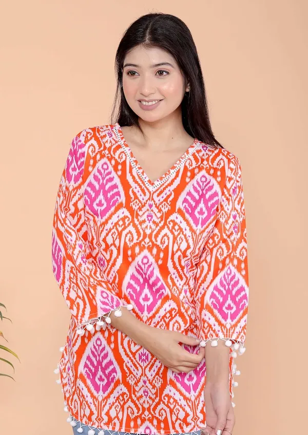 Orange_Printed_Straight_3/4Th_Sleeves_Kurti_Perfect_For_Casual,_Formal,_And_Ethnic_Wear_For_Women