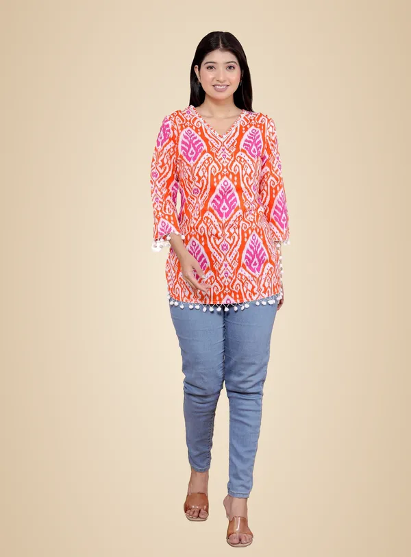 Orange_Printed_Straight_3/4Th_Sleeves_Kurti_Perfect_For_Casual,_Formal,_And_Ethnic_Wear_For_Women